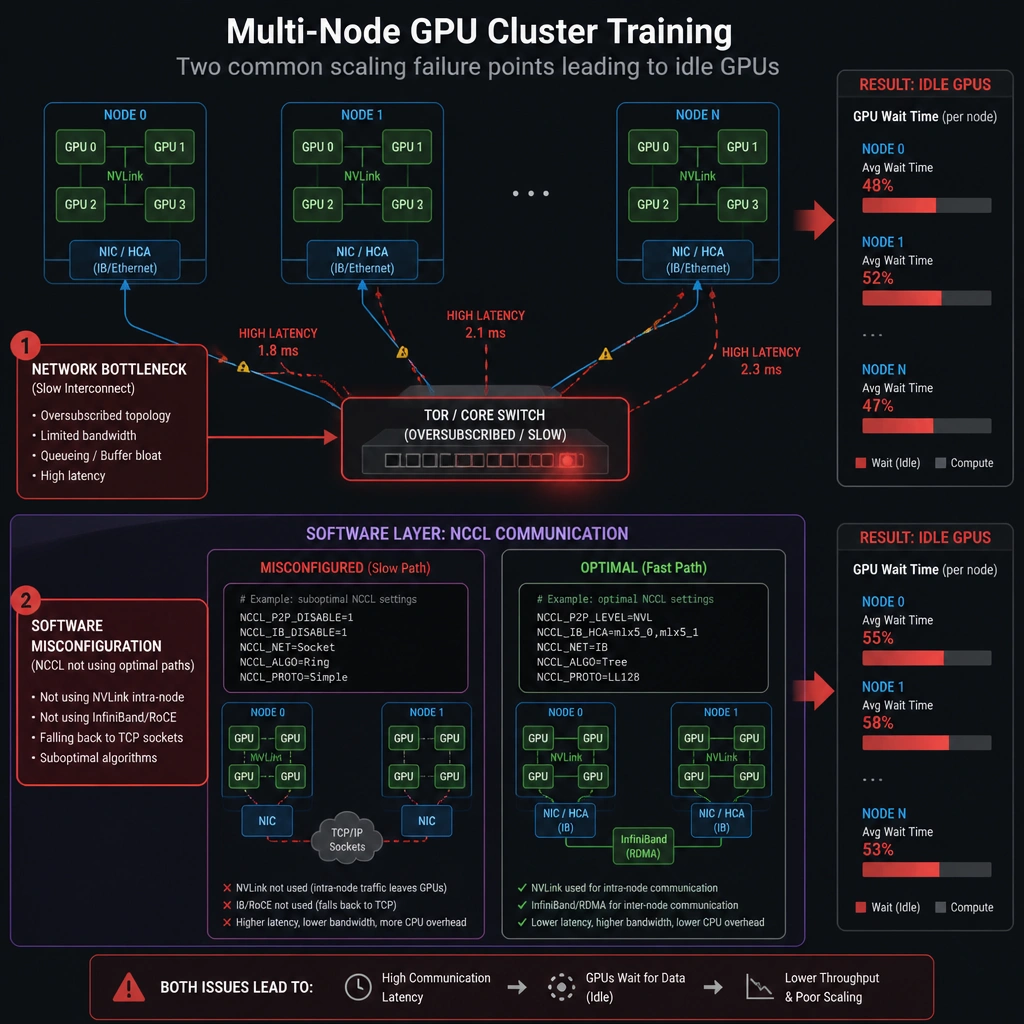 The image should illustrate a multi-node GPU cluster training setup. It should highlight two key failure points for scaling: 1) A bottlenecked network switch (slow interconnect) causing high latency between nodes, and 2) A software layer showing misconfigured NCCL communication calls (e.g. failing to use NVLink/InfiniBand paths), both resulting in idle "GPU Wait Time" indicators.