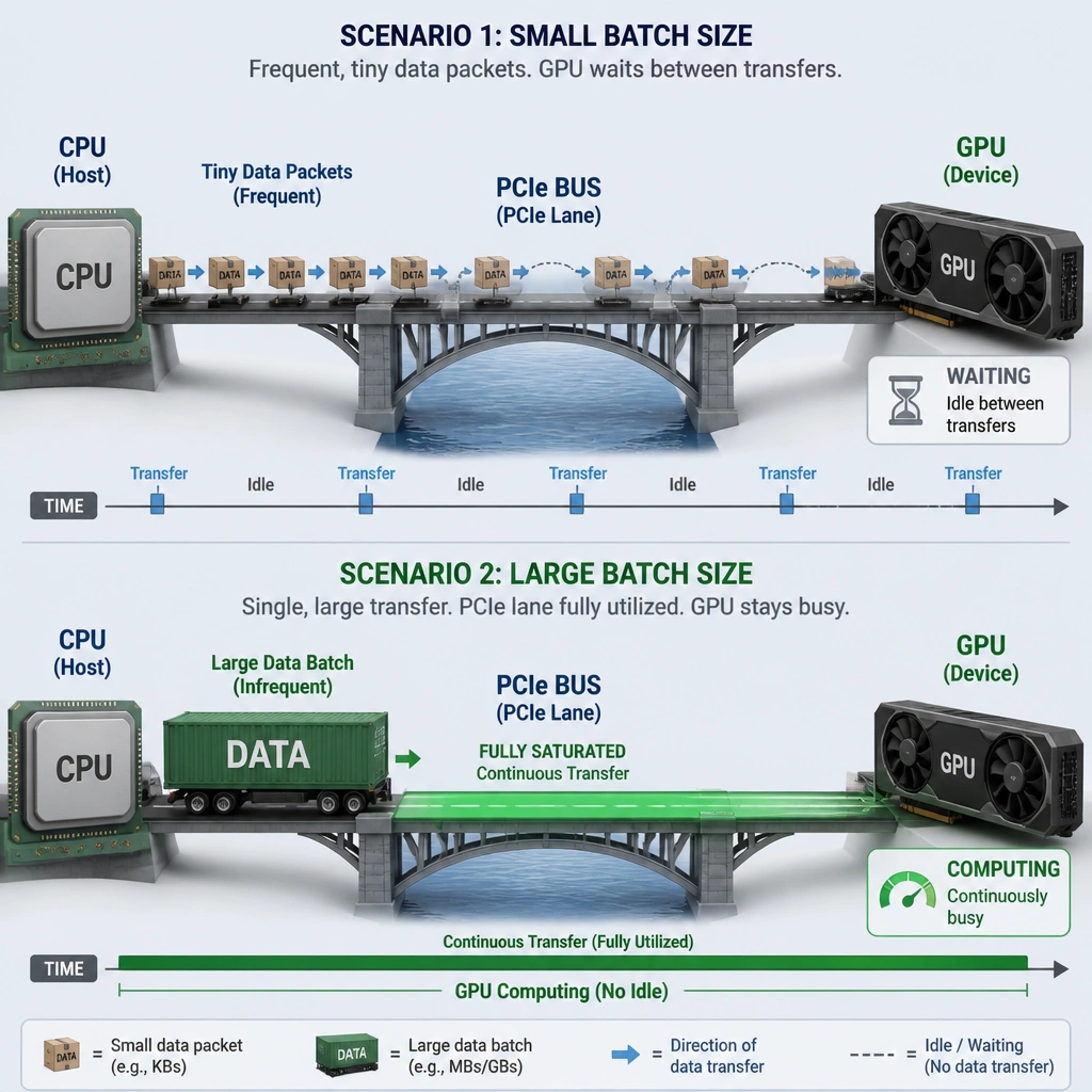 The image should depict two scenarios of CPU-to-GPU data transfer over a PCIe bus. The first scenario (Small Batch Size) shows frequent, tiny data packets crossing the bridge, with the GPU sitting idle ("Waiting") between transfers. The second scenario (Large Batch Size) shows a single, large shipping container of data crossing the bridge, fully saturating the PCIe lane and keeping the GPU continuously active ("Computing").