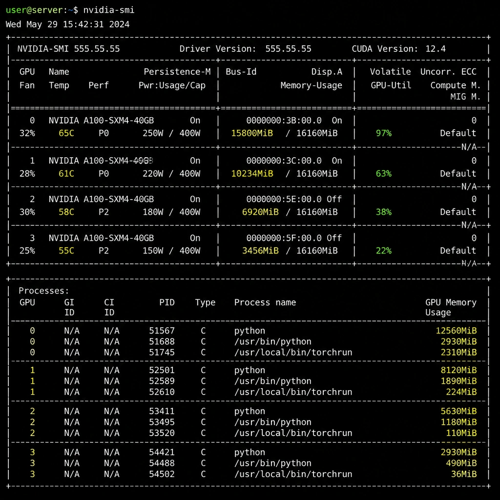 A mock terminal screen displaying the output of the 'nvidia-smi' command, highlighting key metrics such as GPU utilization percentage, VRAM usage (e.g., 15800MiB / 16160MiB), temperature, and active process IDs running on each GPU index.