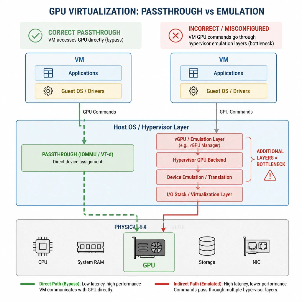 A diagram illustrating GPU virtualization: a host OS/hypervisor layer sitting above physical hardware. It shows a 'Correct Passthrough' path where the VM accesses the GPU directly via a bypass line, and an 'Incorrect/Misconfigured' path where GPU commands from the VM are routed through hypervisor emulation layers, creating a bottleneck.