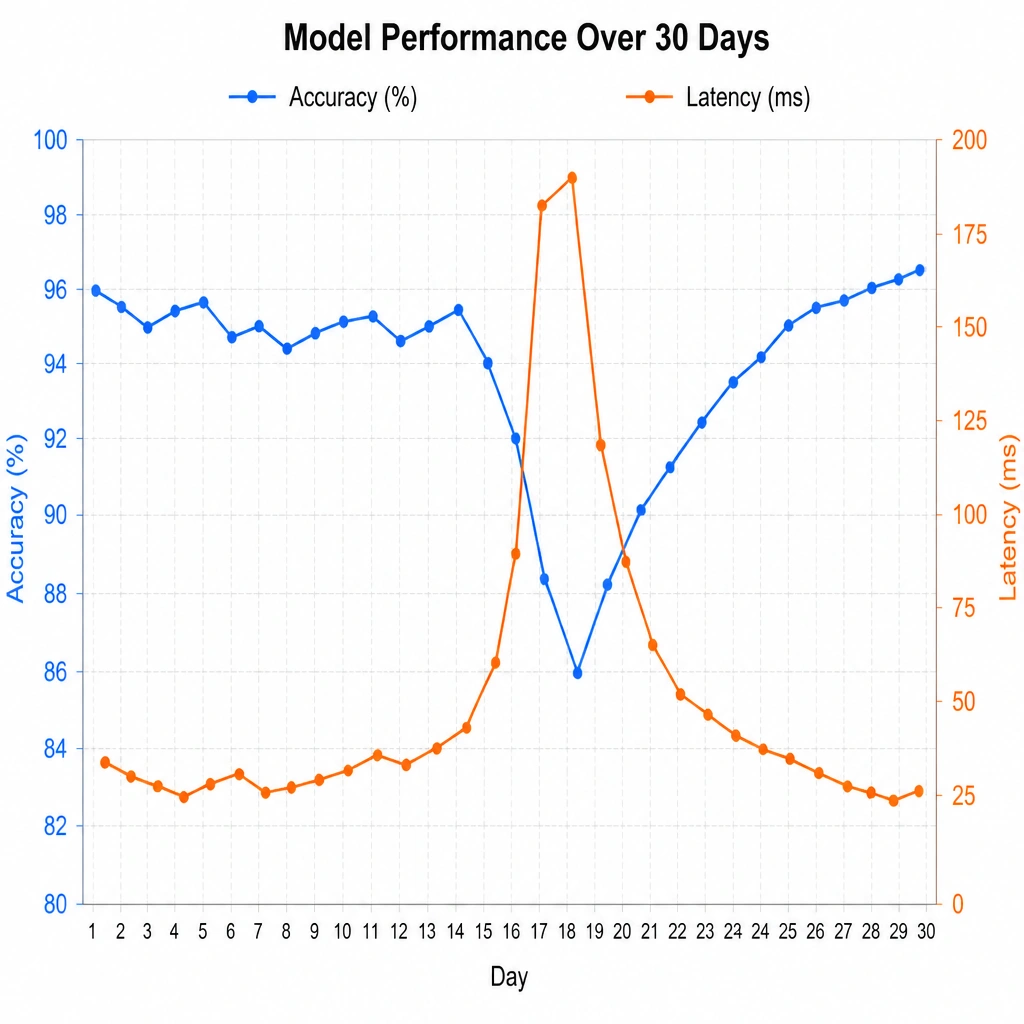 A dual-axis line chart showing a 30-day timeline on the X-axis. The left Y-axis represents 'Accuracy (%)' (ranging from 80% to 100%), and the right Y-axis represents 'Latency (ms)' (ranging from 0 to 200 ms). Two colored lines show the trends over time, illustrating a correlation where a spike in latency aligns with a dip in accuracy.