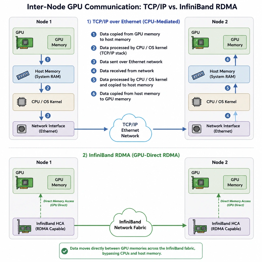 A diagram illustrating inter-node GPU communication. It compares two paths: a TCP/IP Ethernet path where data goes from GPU to host memory, to CPU/OS kernel, to network, and back up through the CPU/OS on the receiving side; and an InfiniBand RDMA path where data goes directly from GPU memory on Node 1 across the network fabric to GPU memory on Node 2, bypassing the CPUs.
