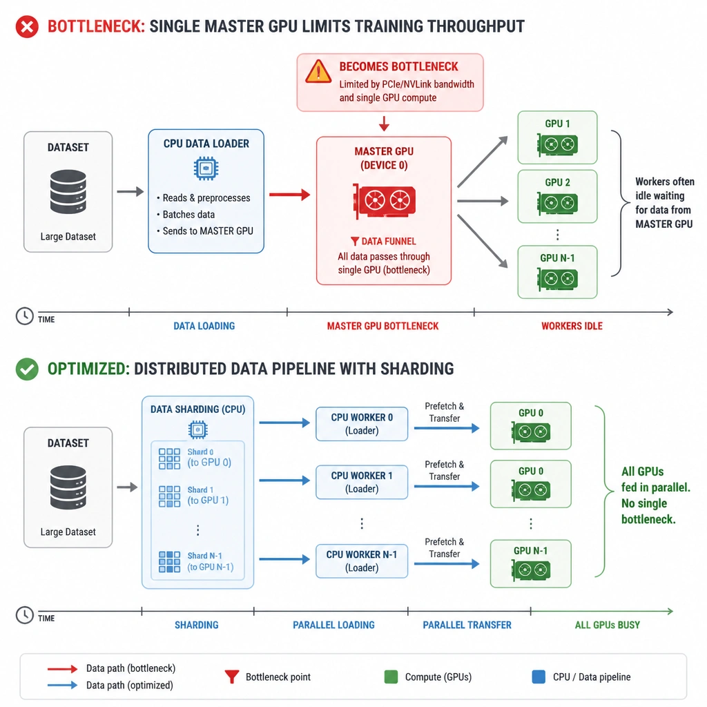 The image should depict a multi-GPU data pipeline bottleneck, showing a CPU data loader feeding a single master GPU which becomes a bottleneck, contrasted with an optimized distributed pipeline where data is evenly sharded and fed parallelly to all GPUs.