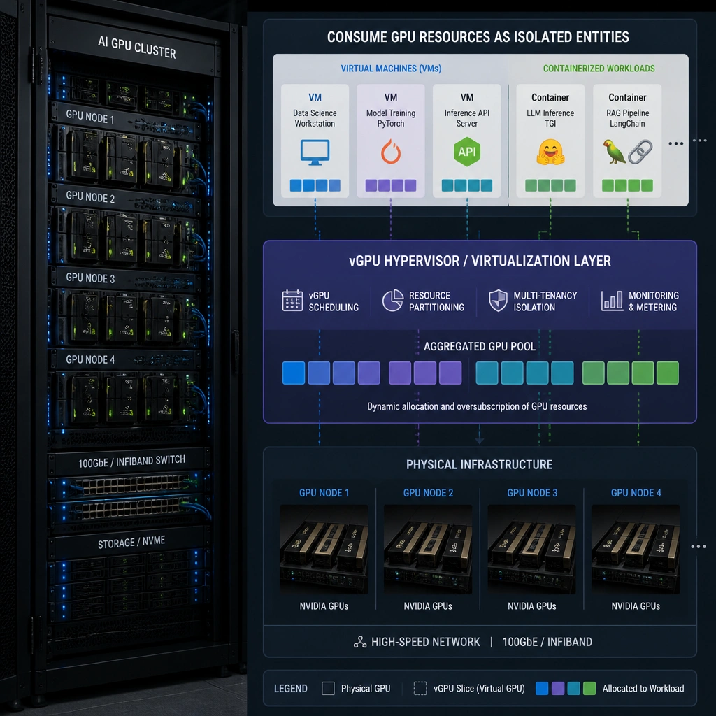 The image should depict a physical server rack containing GPU nodes abstracted by a virtualization/vGPU hypervisor layer, showing how it splits or aggregates resources to feed various isolated VMs and containerized AI workloads.