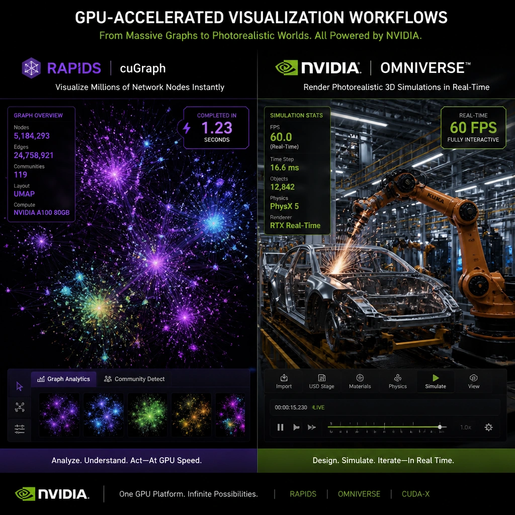 A workflow diagram contrasting CPU-bound visualization tools (like Tableau or ggplot2) struggling to render complex datasets with GPU-accelerated tools (like NVIDIA Omniverse rendering a 3D scene and RAPIDS cuGraph processing a dense node network) executing smoothly and quickly.