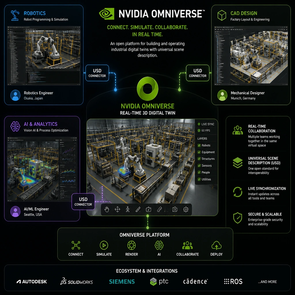 The image should depict the collaborative architecture of NVIDIA Omniverse, showing users from different departments (robotics, CAD design, AI) connected via USD connectors to a central, real-time 3D digital twin of a factory floor.