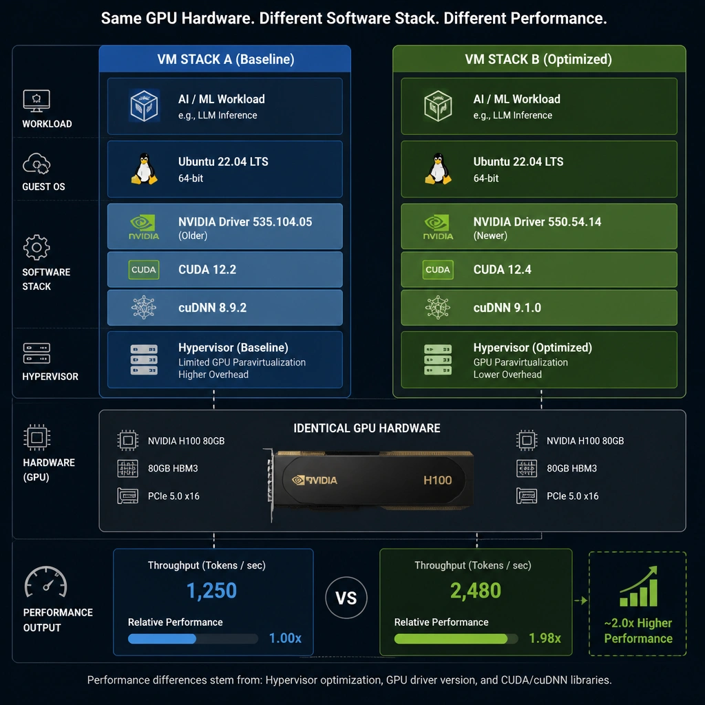 The image should show a comparison of two cloud virtual machine software stacks sitting on identical GPU hardware, illustrating how differences in the hypervisor optimization, GPU driver version, and CUDA/cuDNN libraries affect the final performance output.