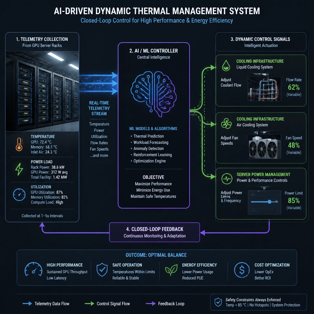 An architectural diagram illustrating an AI-driven dynamic thermal management system in a data center. The image should show real-time telemetry flow from GPU server racks (measuring temperature, power load, and utilization) to a central machine learning controller. The controller then outputs dynamic control signals to adjust the cooling infrastructure (liquid coolant flow and fan speeds) and server power settings, maintaining a closed-loop balance between high performance and energy efficiency.