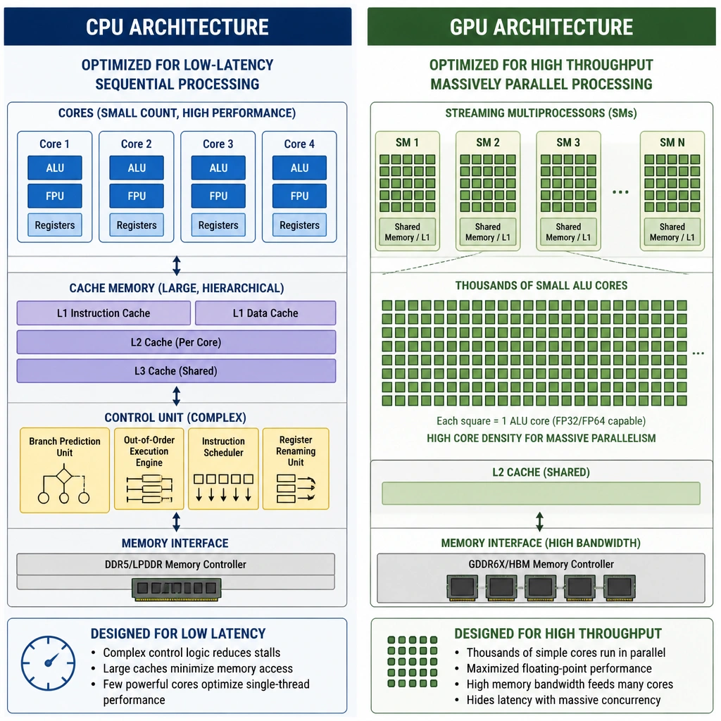 A visual comparison diagram of CPU vs. GPU architectures. The CPU side shows a few large, complex cores with significant control logic and cache area. The GPU side shows a dense grid of thousands of small, simple cores (ALUs) highlighting parallel data processing pathways.
