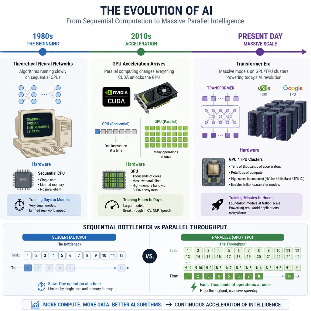 A historical timeline diagram showing the evolution of AI. The timeline highlights key milestones: 1980s (theoretical neural network algorithms running slowly on sequential CPUs), 2010s (the introduction of GPU acceleration enabling parallel computing and CUDA), and the present day (massive transformer models running on GPU/TPU clusters). The diagram should visually contrast the sequential bottleneck of CPUs against the parallel throughput of GPUs/TPUs.