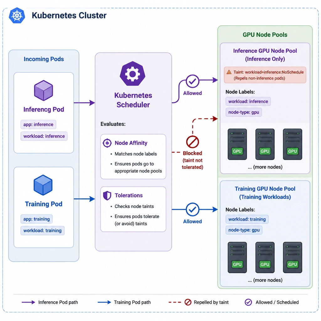 A diagram of a Kubernetes cluster scheduler routing pods to GPU nodes. On one side, it shows a 'Training Pod' and an 'Inference Pod'. In the middle, the scheduler evaluates Node Affinity and Tolerations. On the right, two GPU node pools are shown: one pool is tainted for 'Inference Only' (repelling the training pod), and the other is labeled for 'Training'. The diagram shows the Inference Pod being routed to the inference pool and the Training Pod routed to the training pool.