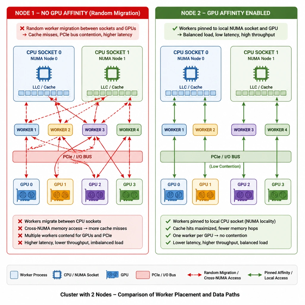 A diagram showing two nodes in a cluster. Node 1 shows worker processes migrating randomly between CPU sockets and different GPUs (red crossed arrows showing cache misses and PCIe bus congestion). Node 2 shows GPU affinity enabled, where worker processes are strictly pinned to their corresponding GPUs and local NUMA sockets (clean, parallel green arrows showing balanced load and low latency).