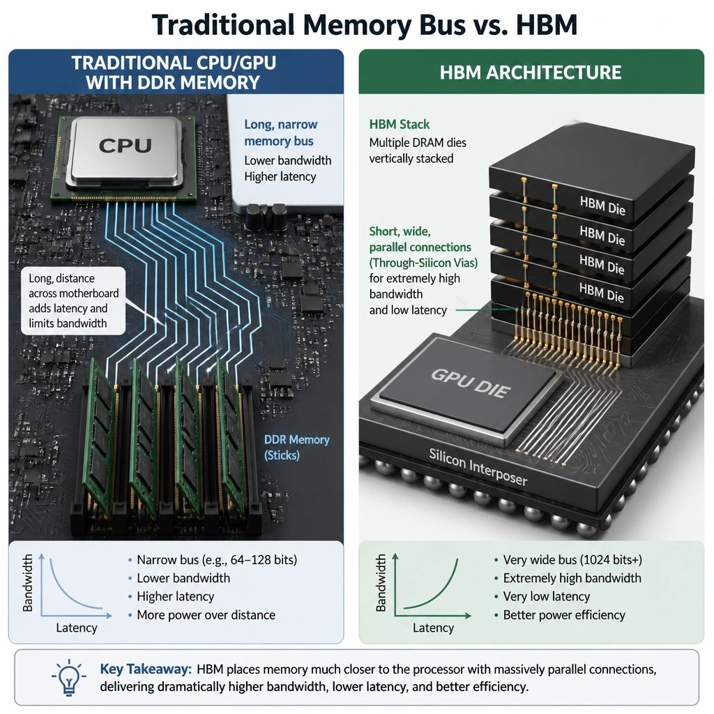 A conceptual diagram comparing a traditional CPU/GPU memory bus with High-Bandwidth Memory (HBM). The traditional side shows a CPU separated from DDR memory sticks by long motherboard traces. The HBM side shows a GPU die and stacked memory chips sitting directly on a shared silicon interposer with short, parallel connections representing high-speed, parallel data paths.