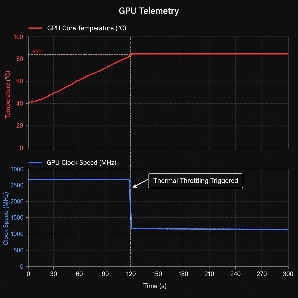 A telemetry chart showing a time axis. The first line is GPU core temperature, which climbs to 85C and plateaus. The second line is the GPU clock speed, which runs flat at a high level but drops sharply at the exact moment the temperature reaches 85C, with a text label pointing to the drop saying 'Thermal Throttling Triggered'.