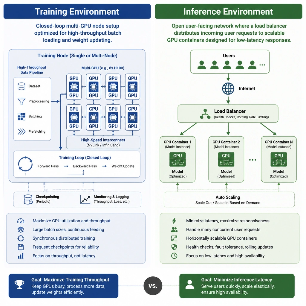 A conceptual comparison diagram. The left side is labeled 'Training Environment' showing a closed-loop multi-GPU node setup optimized for high-throughput batch loading and weight updating. The right side is labeled 'Inference Environment' showing an open user-facing network where a load balancer distributes incoming user requests to scalable GPU containers designed for low-latency responses.