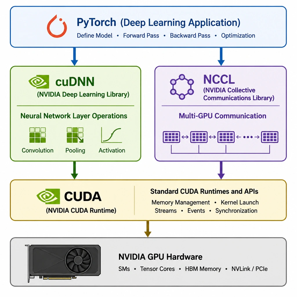 A software block diagram showing a deep learning application (e.g., PyTorch) at the top. The application calls cuDNN for neural network layer operations (convolution, pooling, activation) and NCCL for multi-GPU communication. Both cuDNN and NCCL compile down to standard CUDA runtimes which interface directly with the physical GPU hardware at the bottom.