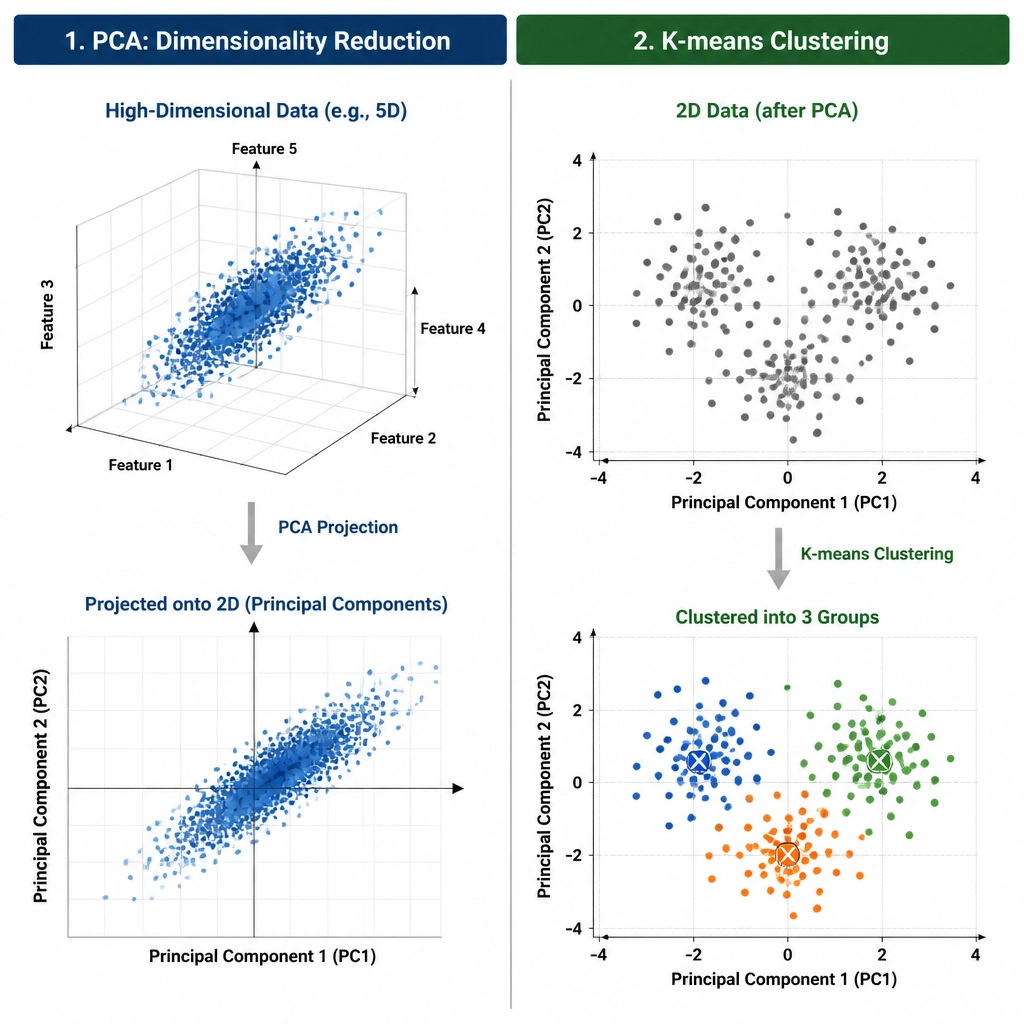 A visual representation of data mining. The left panel shows PCA reducing a 3D scatter plot of data points into a 2D plane. The right panel shows K-means clustering grouping unlabelled multi-colored data points into three distinct, highlighted clusters around centroids.