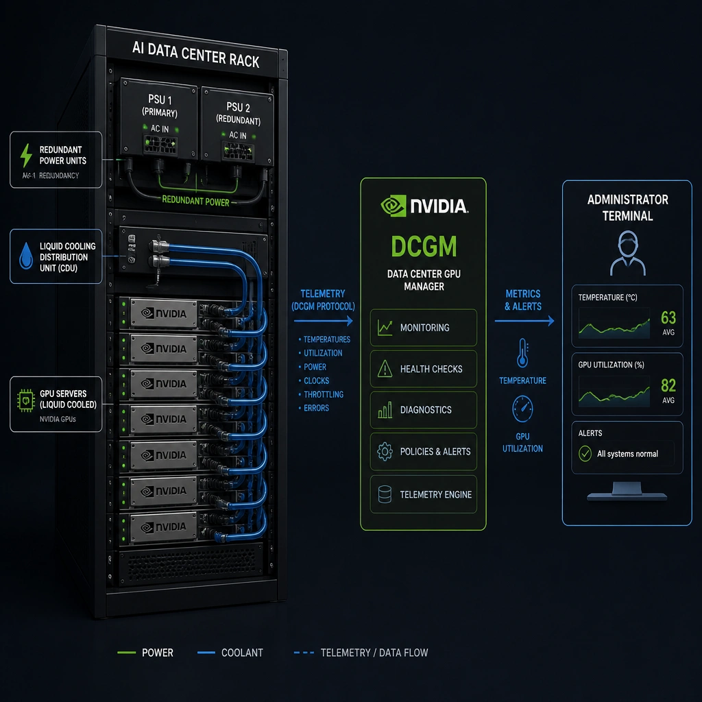 A diagram showing an AI data center rack monitored by NVIDIA DCGM software. One side depicts redundant cooling vents and dual power inputs (N+1 redundancy), while the other side shows a dashboard overlay reporting real-time GPU health, thermals, and power consumption statistics.