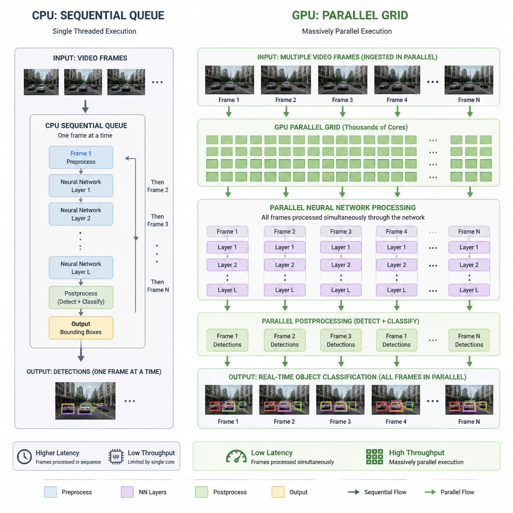An architectural diagram contrasting a CPU sequential queue versus a GPU parallel grid. The GPU grid should be shown ingesting multiple parallel video frame inputs, processing them through parallel neural network layers, and outputting real-time object classification bounding boxes.