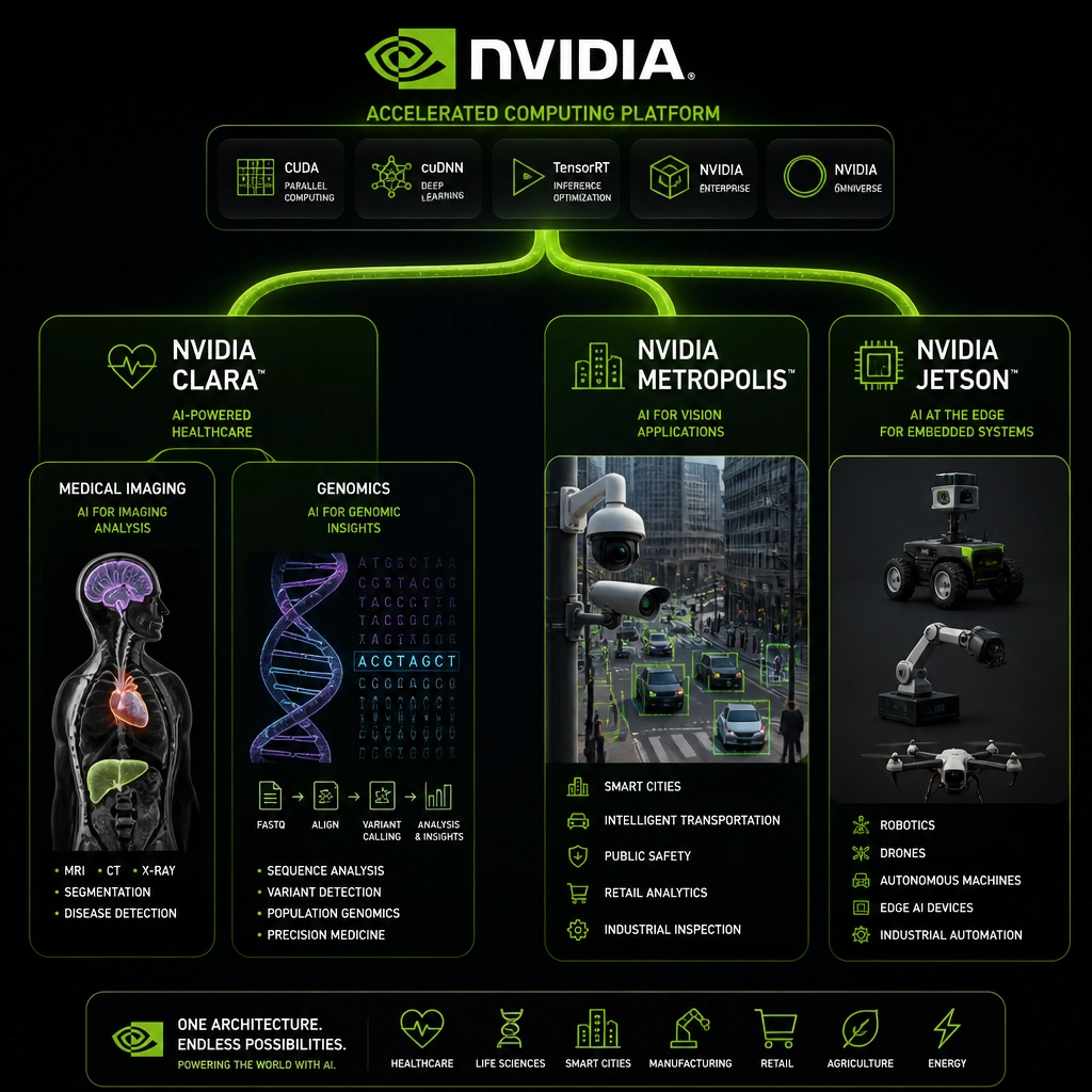 An illustration of the NVIDIA software ecosystem branches, highlighting NVIDIA Clara branching into medical imaging (MRI scans with highlighted organs) and genomics (DNA double-helix sequence processing), alongside distinct branches for Metropolis (smart cameras) and Jetson (embedded robots).