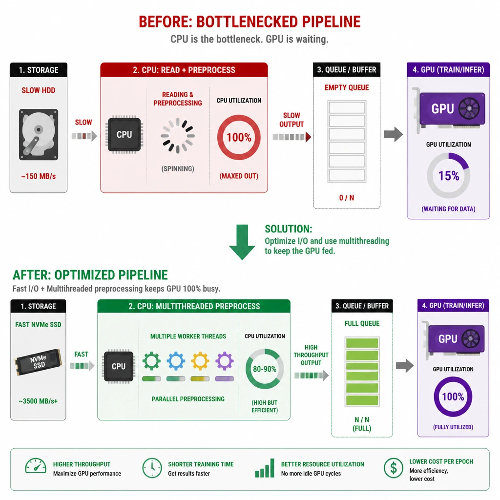 A pipeline flow diagram showing a bottleneck where a CPU is slowly reading data from a hard drive and doing preprocessing (spinning wheel, 100% load), while the high-speed GPU is shown waiting with empty queues (15% utilization). An arrow points to the solution: optimized pipeline using multithreading and fast I/O, flooding the GPU with data (100% utilization).