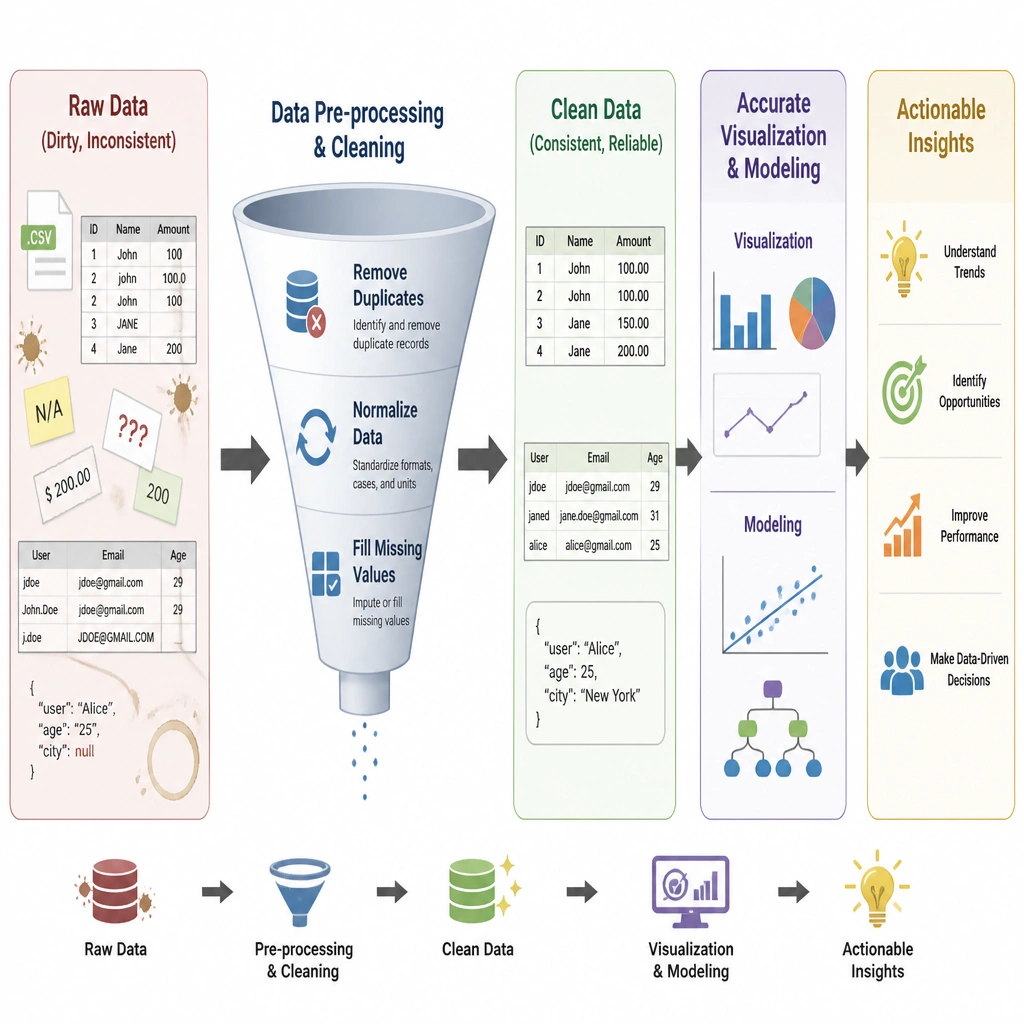 A workflow chart showing 'Raw Data' (dirty, inconsistent) passing through a 'Data Pre-processing & Cleaning' funnel (filters out duplicates, normalizes, fills missing values) resulting in 'Clean Data', which then feeds into 'Accurate Visualization & Modeling' to produce 'Actionable Insights'.