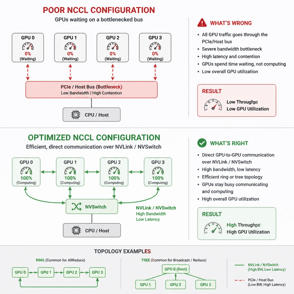 Diagram comparing poor NCCL configuration (GPUs waiting on a bottlenecked bus) with optimized NCCL configuration (efficient, direct ring or tree communication pathways over NVLink/NVSwitch with full GPU utilization).