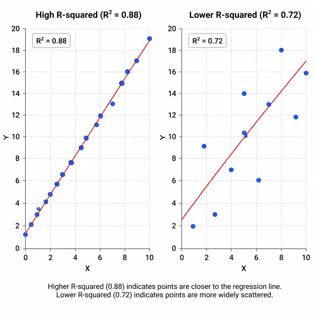 A scatter plot with a regression line showing data points close to the line (representing high R-squared, e.g., 0.88) compared to another scatter plot with data points widely scattered around the regression line (representing lower R-squared, e.g., 0.72).