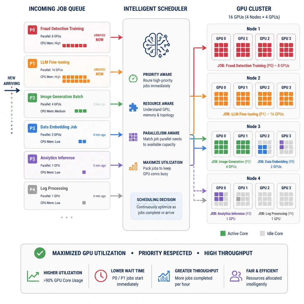 A scheduling queue diagram showing incoming jobs with different priorities and parallelization capabilities being mapped by an intelligent scheduler to a cluster of GPUs, maximizing active GPU cores while routing high-priority jobs immediately.