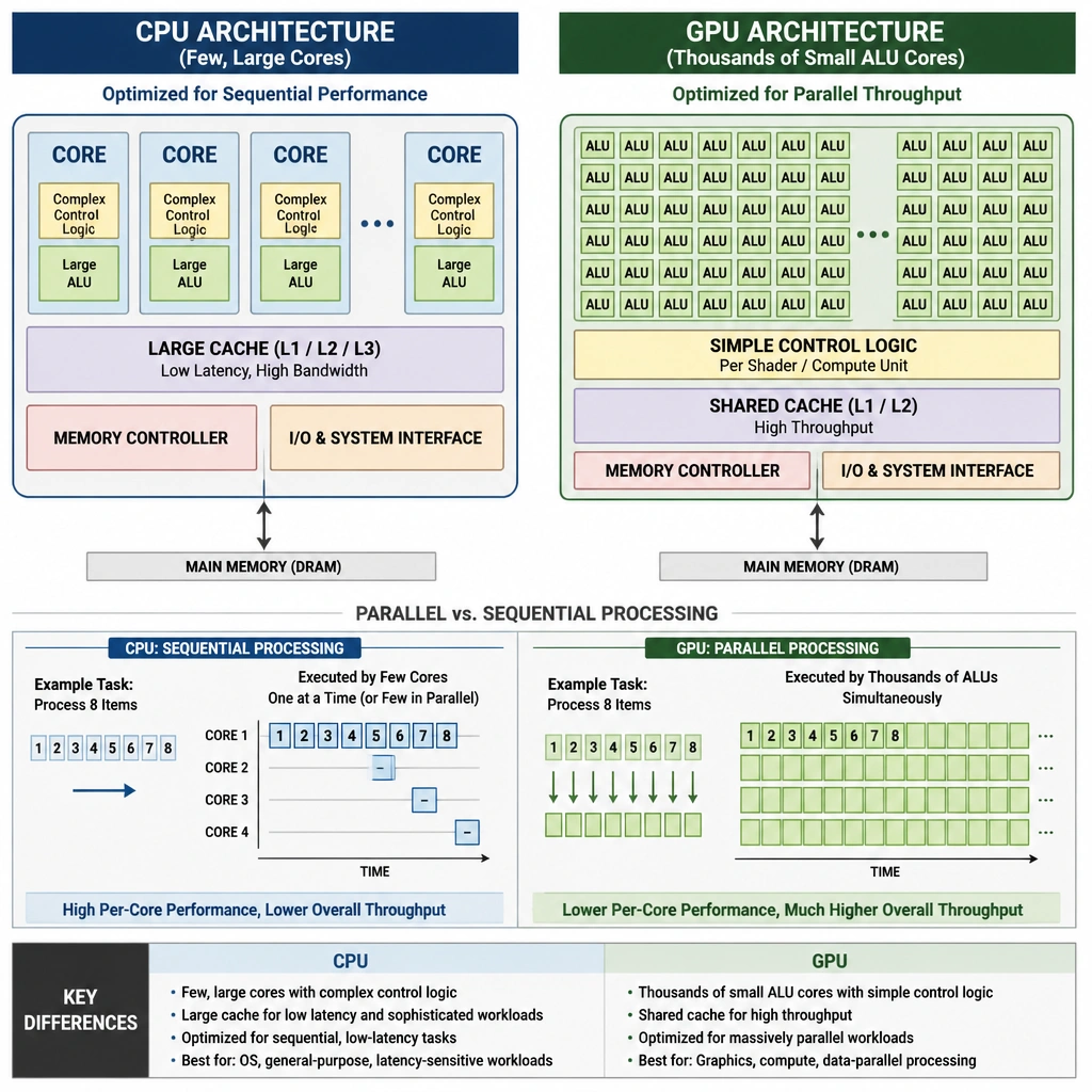 A comparison diagram illustrating CPU vs GPU architectures. The CPU side shows a few large, complex cores with large cache and control blocks, processing tasks sequentially. The GPU side shows a grid of thousands of tiny cores processing a massive matrix multiplication in parallel, highlighting the architectural focus on throughput over individual task latency.