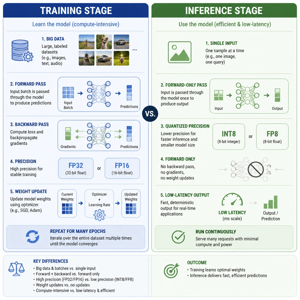 A comparative illustration showing the Training stage (involving big data, forward/backward passes, FP32/FP16 precision, and weight updates) versus the Inference stage (involving single inputs, forward-only pass, INT8/FP8 quantization, and low-latency outputs).