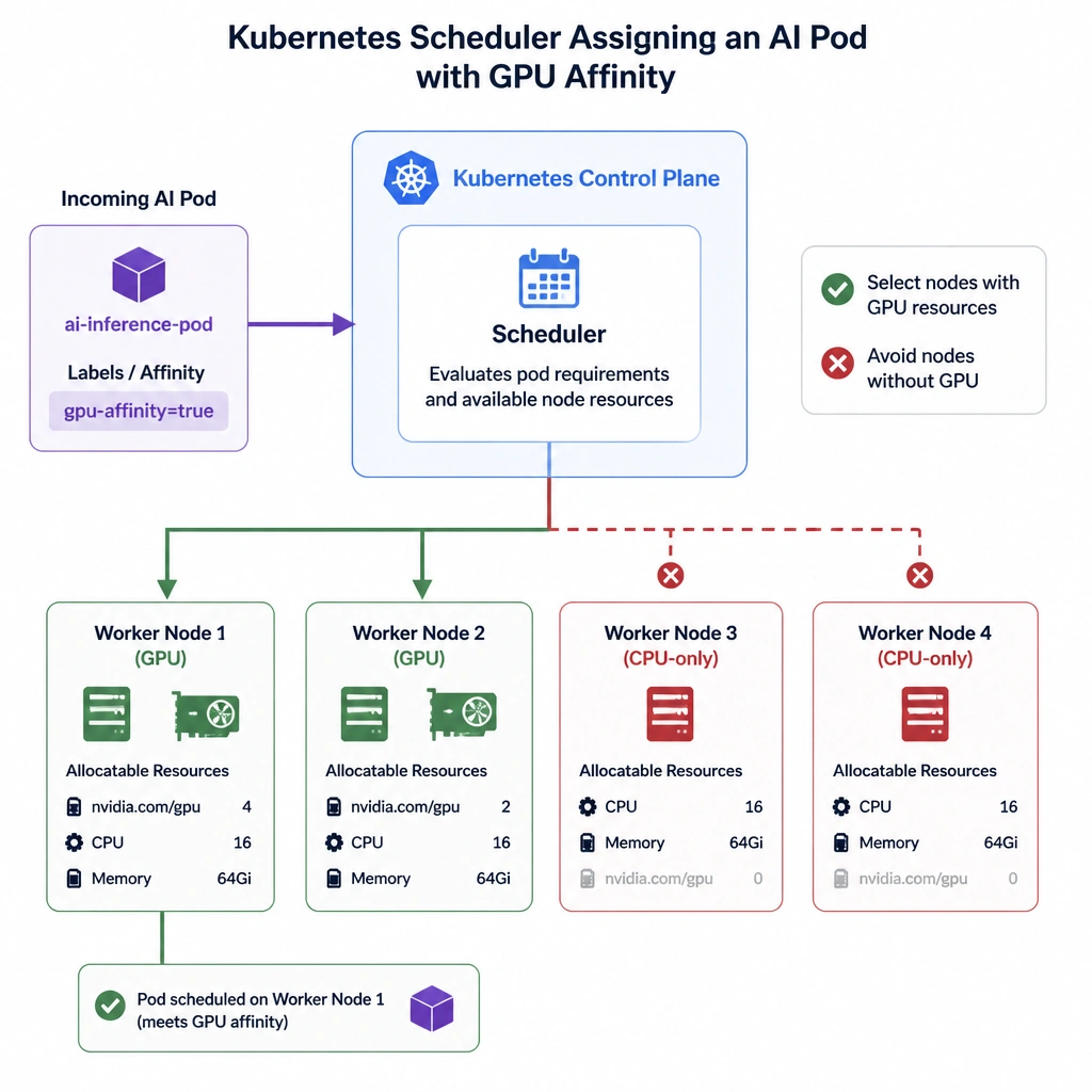 A diagram showing the Kubernetes Scheduler assigning an incoming AI pod with a "GPU affinity" label to worker nodes labeled with GPU resources, while steering clear of CPU-only worker nodes.