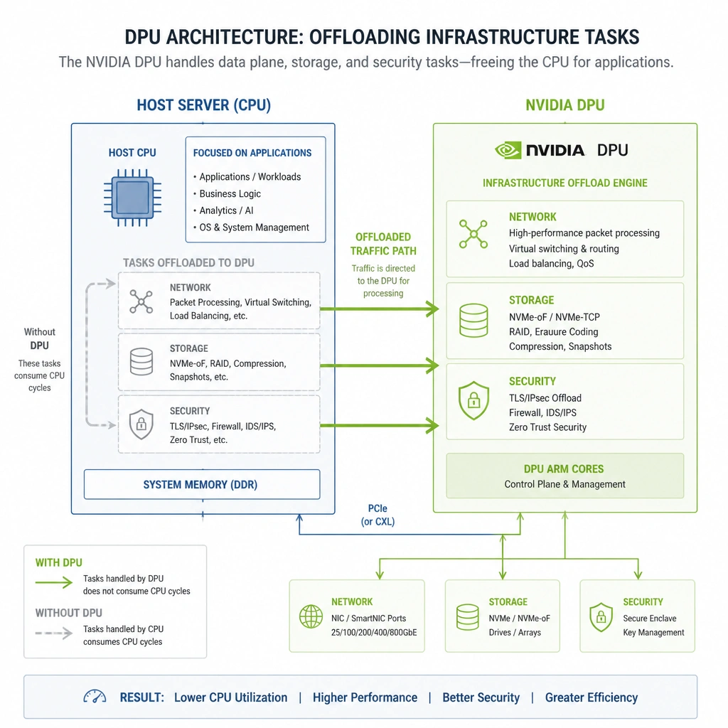 An architectural diagram showing a host CPU and an NVIDIA DPU, illustrating how network, storage, and security tasks are routed directly to the DPU (offloaded) instead of consuming the host CPU's cycles.