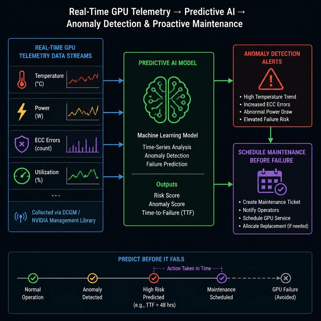 A block diagram showing real-time GPU telemetry data streams (temperature, power, ECC errors, utilization) feeding into a predictive AI model, which outputs anomaly detection alerts and schedules maintenance before a GPU failure occurs.