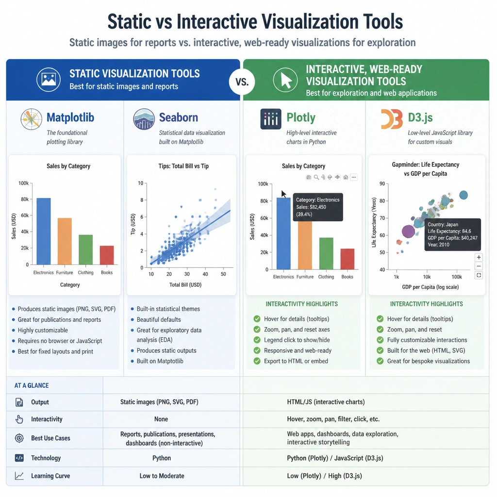 A comparison matrix showing static visualization outputs (Matplotlib/Seaborn as static images) and internal developer tools (TensorBoard showing loss graphs) contrasted with interactive, client-side web charts (Plotly and D3.js showing hover cards, dropdowns, and zoom controls inside a web browser window).