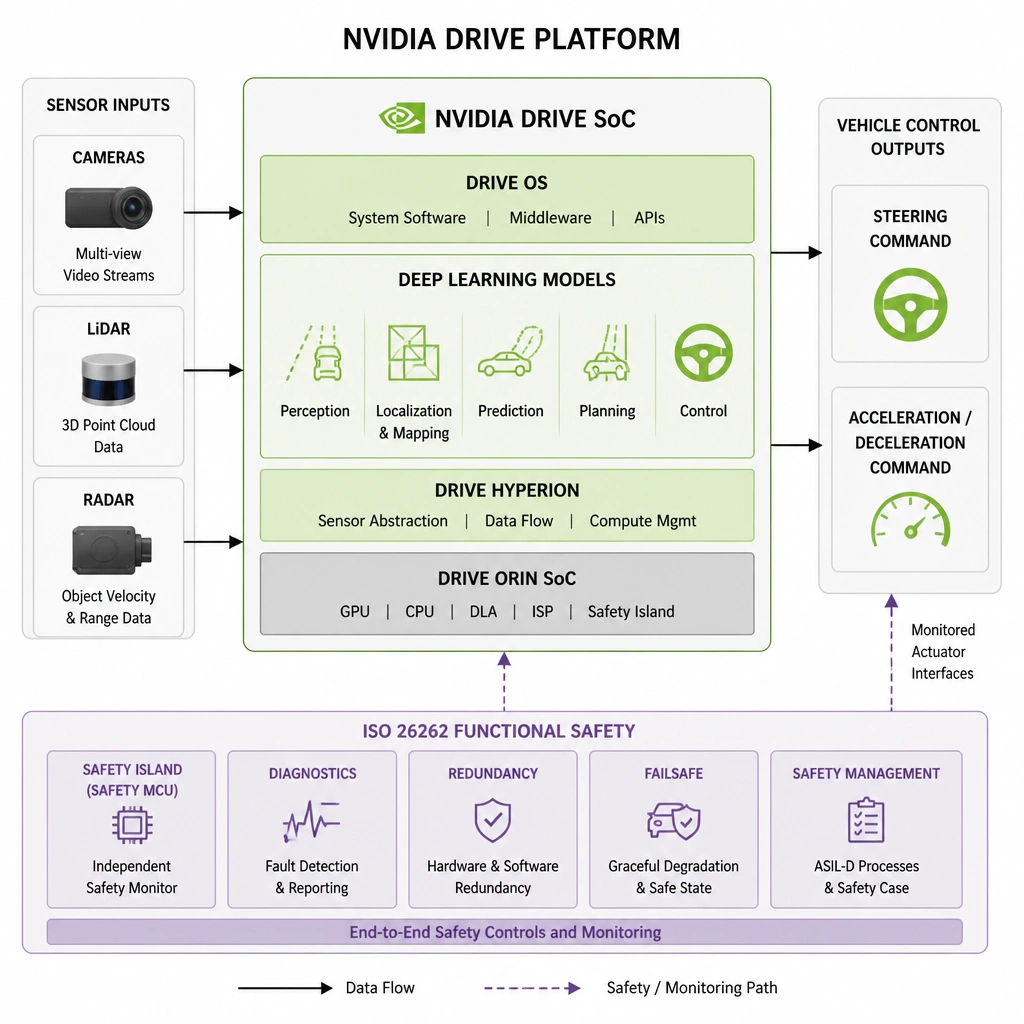 A block diagram of the NVIDIA Drive platform showing inputs from cameras, LiDAR, and radar going into the DRIVE SoC (running DRIVE OS and deep learning models), which outputs steering and acceleration commands under ISO 26262 safety controls.