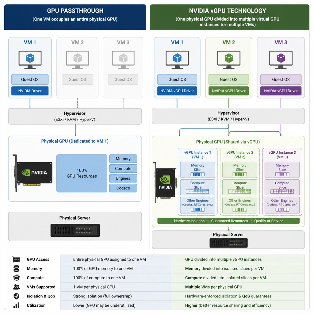 Diagram comparing GPU Passthrough (one VM occupying an entire physical GPU) versus NVIDIA vGPU technology (a single physical GPU divided into multiple virtual GPU instances, each mapped to a separate VM with isolated memory and compute slices).