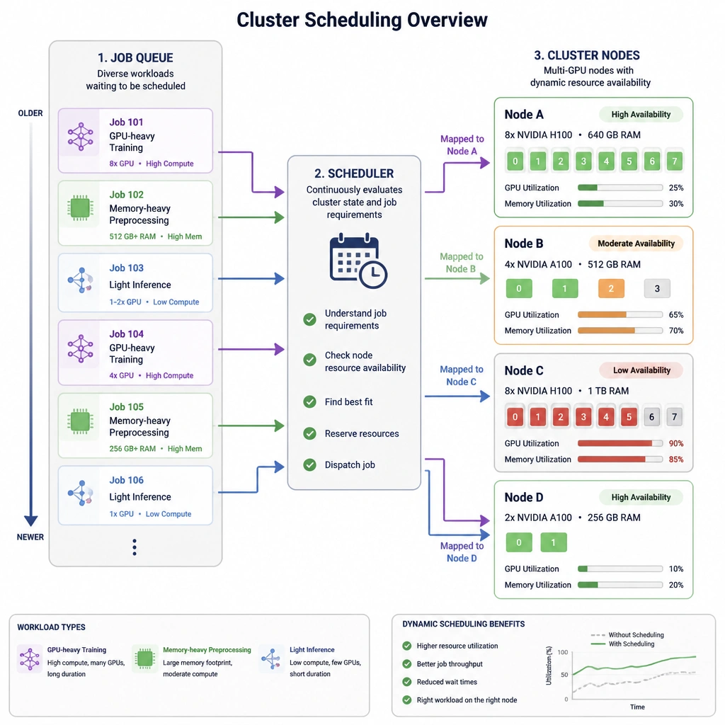 A cluster scheduling diagram showing a queue of diverse workloads (GPU-heavy training, memory-heavy preprocessing, light inference) being dynamically mapped by a scheduler to different multi-GPU nodes based on current resource availability.