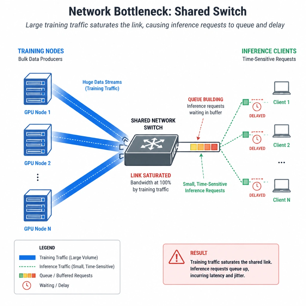 A network bottleneck diagram showing a shared network switch. One path shows large training nodes pushing huge data streams (saturating the bandwidth), while the other path shows small, time-sensitive inference requests getting queued and delayed at the switch.
