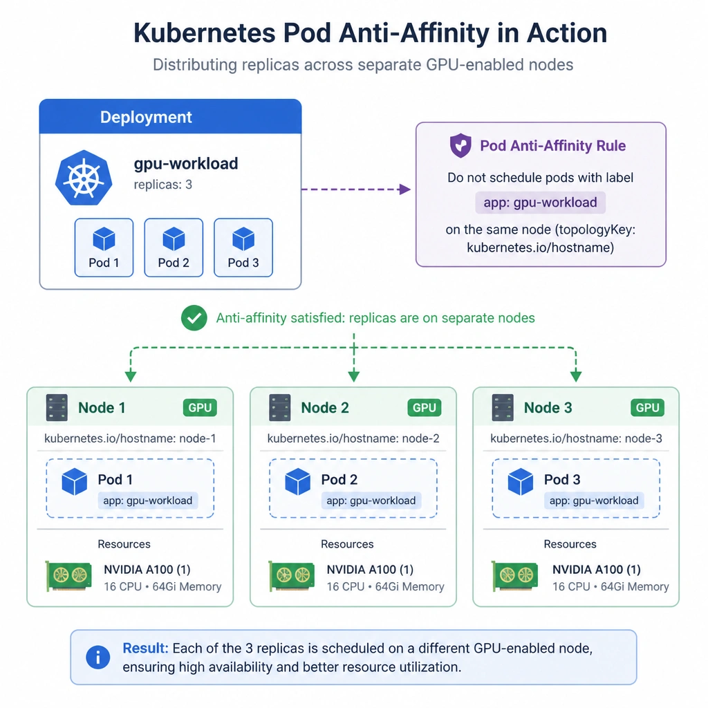 Kubernetes scheduling diagram showing Pod Anti-Affinity in action: a deployment with three replica pods is distributed across three separate GPU-enabled nodes (Node 1, Node 2, Node 3) rather than co-locating on a single node.