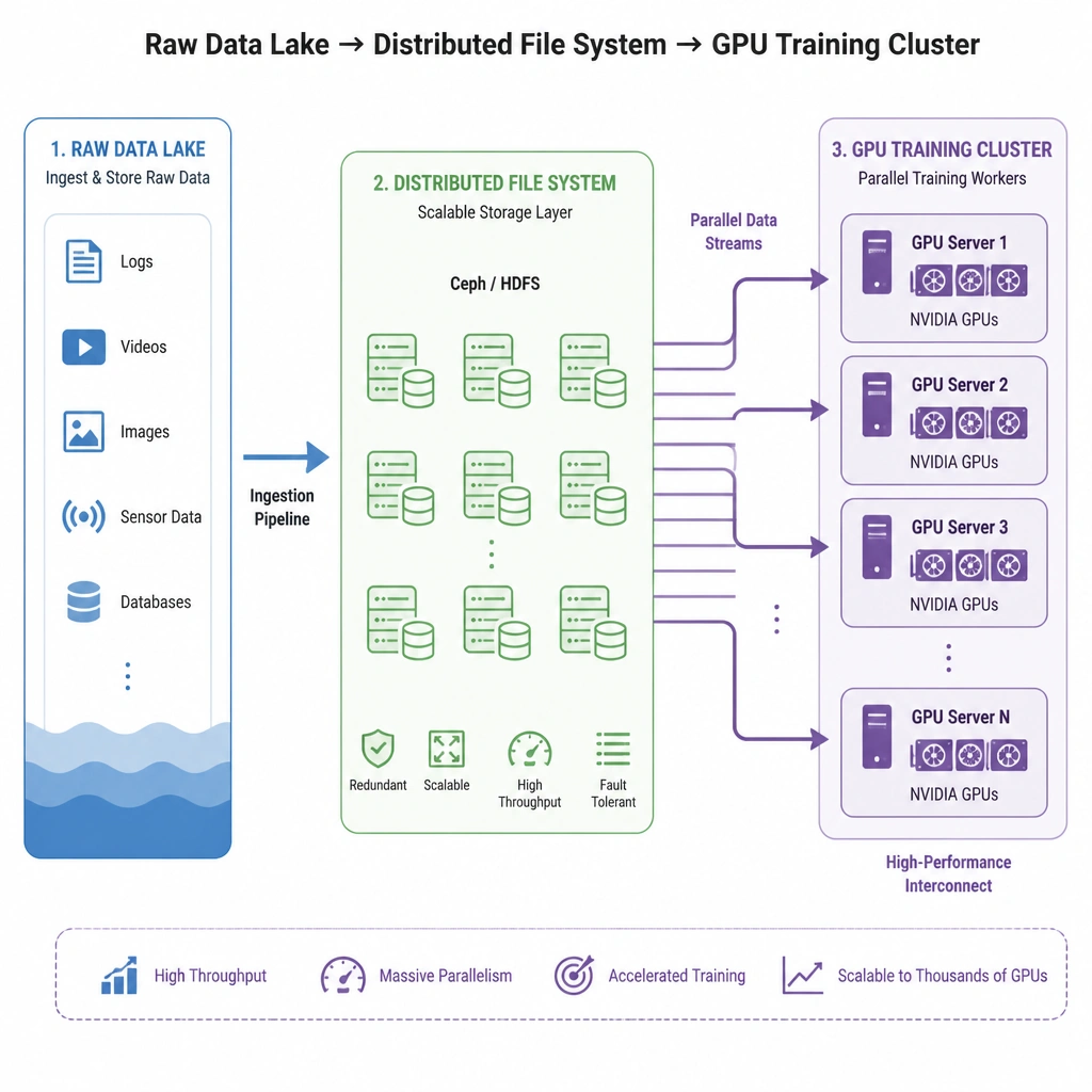 An architectural layout of a storage subsystem. It shows raw datasets (video, audio, text) flowing into a Data Lake. The data is managed by a Distributed File System (Ceph/HDFS) which splits files across multiple storage nodes, enabling parallel high-speed data streams directly to a cluster of GPU nodes.