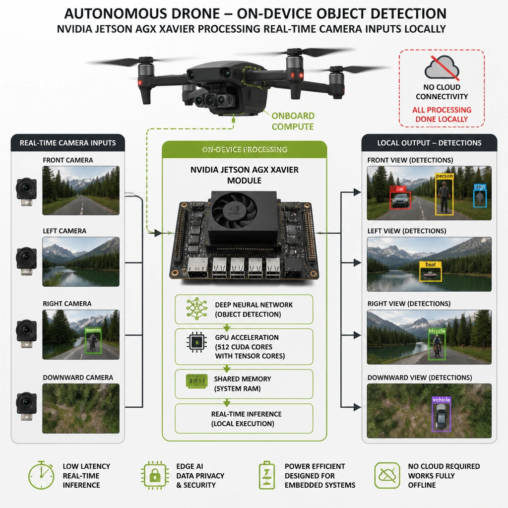 An embedded hardware diagram showing the NVIDIA Jetson AGX Xavier module processing real-time camera inputs on an autonomous drone and outputting object-detection bounding boxes locally without cloud connectivity.