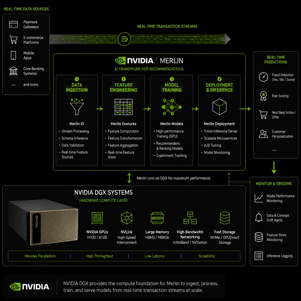 The integration of NVIDIA DGX systems (representing the hardware compute layer) with the NVIDIA Merlin framework (representing the software layers: data ingestion, feature engineering, model training, and deployment) to process real-time transaction streams.