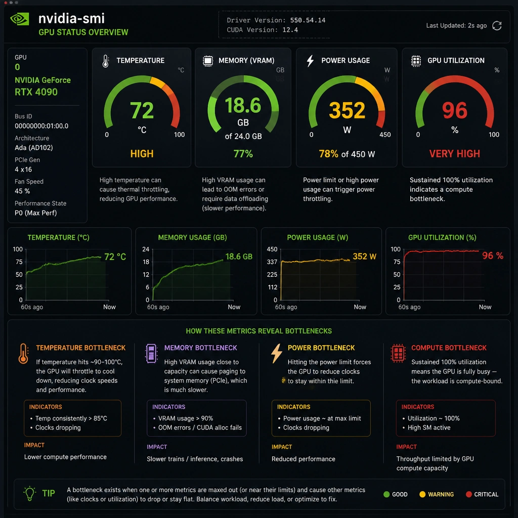 The metrics monitored by the nvidia-smi utility, showing a conceptual dashboard capturing GPU temperature, memory usage (VRAM), power consumption, and core utilization, highlighting how these values identify bottlenecks.