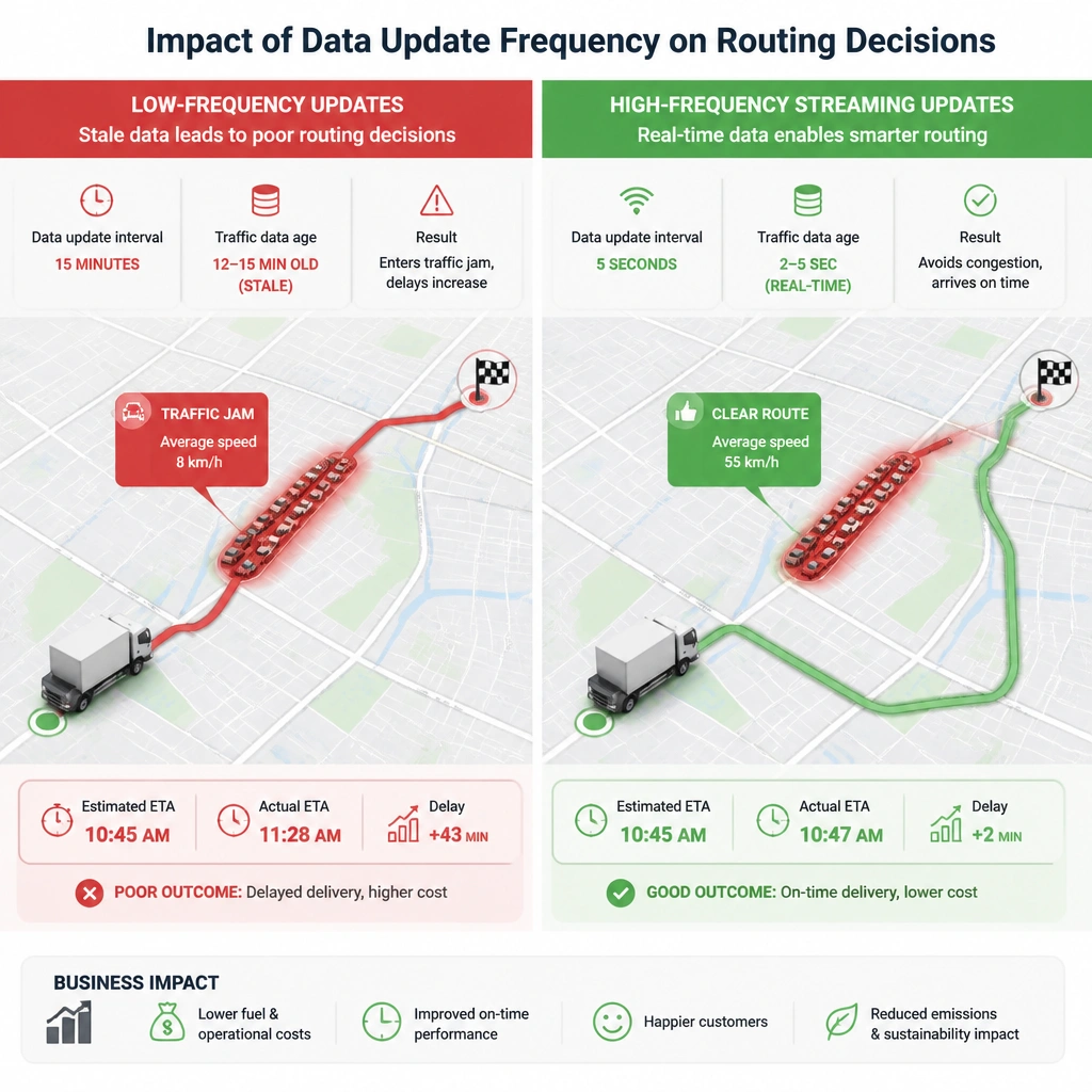 The comparison of routing decisions based on low-frequency data updates (showing stale data causing a truck to enter a traffic jam) versus high-frequency streaming updates (showing real-time adjustments routing the truck around the congestion).