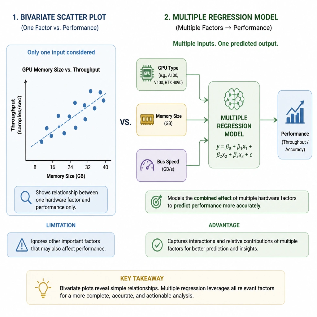 A conceptual diagram comparing a simple bivariate scatter plot (showing only one hardware factor vs. performance) against a multiple regression model schema where multiple inputs (GPU Type, Memory Size, Bus Speed) feed into a regression model to predict a single performance output (throughput/accuracy), emphasizing multi-variable analysis.