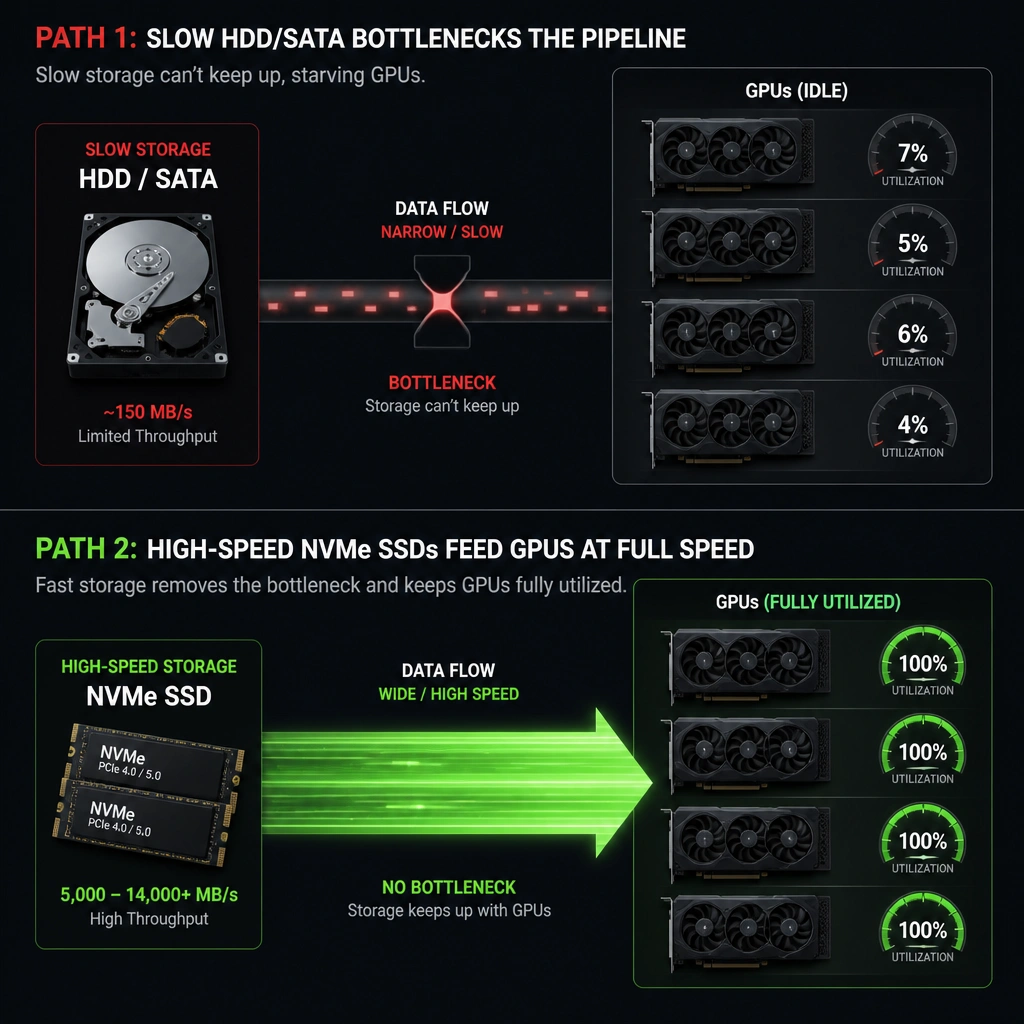 A comparison graphic showing two data paths. The first path shows a slow storage disk (HDD/SATA) bottle-necking data flow to a group of idle GPUs (represented by low-percentage dials). The second path shows high-speed NVMe SSDs sending a thick, high-speed stream of data directly to active GPUs showing 100% utilization.