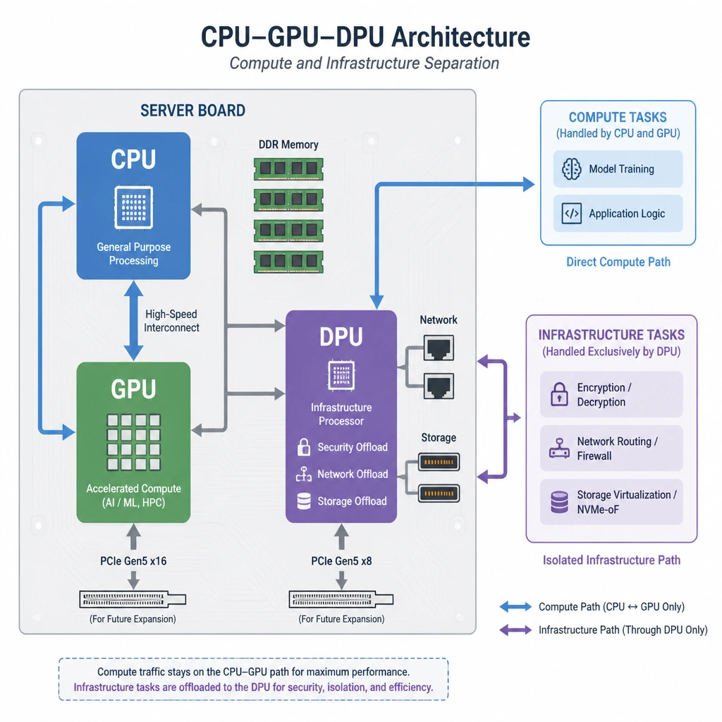 An architectural block diagram showing a CPU, GPU, and DPU on a server board. Arrows show infrastructure tasks (encryption, network routing, storage virtualization) being handled exclusively by the DPU, while compute tasks (training, application logic) are routed directly between the CPU and GPU.