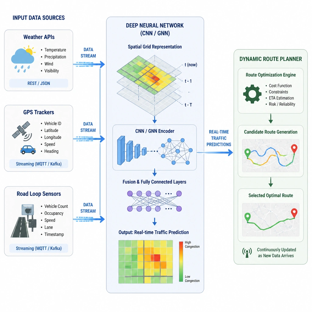 A system architecture diagram. On the left, input sources like Weather APIs, GPS trackers, and Road Loop Sensors feed data streams into a central processing block. This block represents a Deep Neural Network (CNN/GNN) processing spatial grids, which outputs real-time traffic predictions to a dynamic route planner.