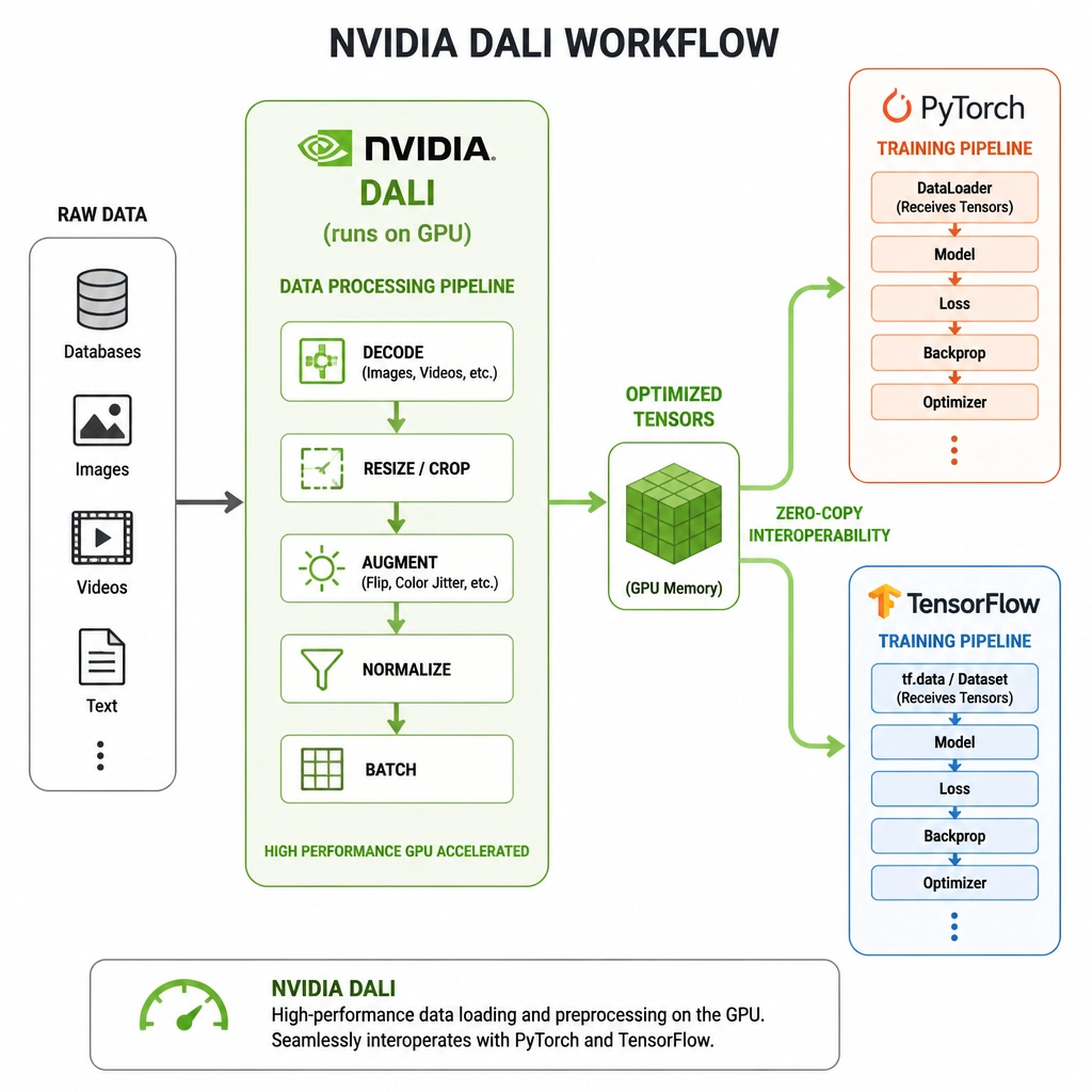 A workflow block diagram illustrating NVIDIA DALI. Raw data enters the DALI block (which runs on the GPU). DALI processes the data and outputs optimized tensors. Arrows show these tensors flowing seamlessly into both PyTorch and TensorFlow training pipelines, illustrating framework interoperability.